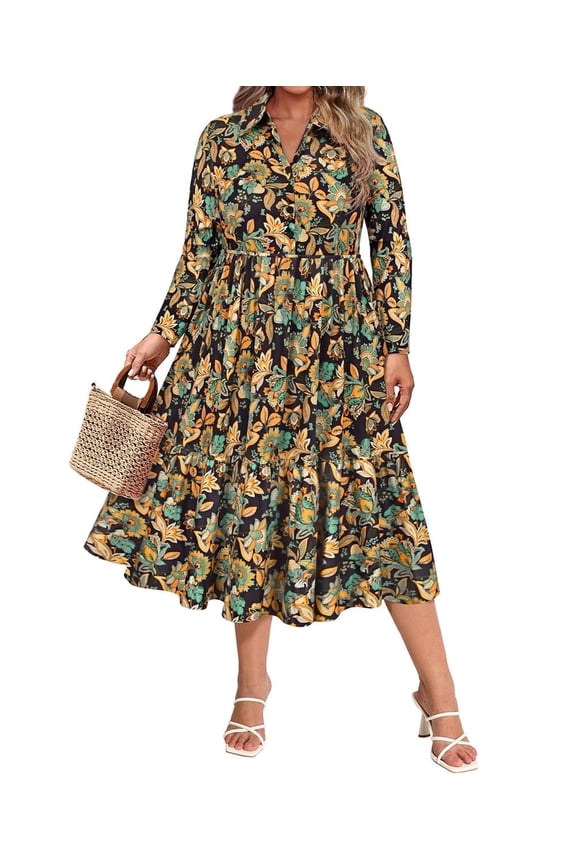 Plus Size Womens Dresses 2X V Neck Floral Print Maxi Dress with Elastic Waist Curvy Silhouette with Pockets Fall Winter Long Sleeve Romantic Boho Wedding Guest Dress 2XL 18W 20W