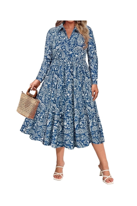 Plus Size Womens Dresses 2X V Neck Floral Print Blue Maxi Dress with Elastic Waist Curvy Silhouette with Pockets Long Sleeve Romantic Boho With Buttons Dress 2XL 18W 20W