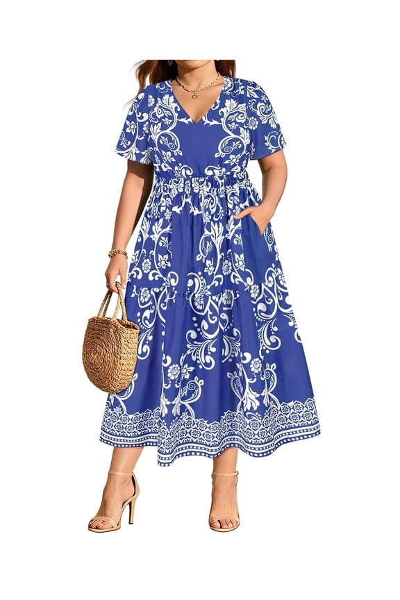Plus Size Womens Dresses 2X V Neck Floral Print Blue Maxi Dress with Elastic Waist Curvy Silhouette with Pockets Summer and Spring Short Sleeve Romantic Boho Dress 2XL 18W 20W