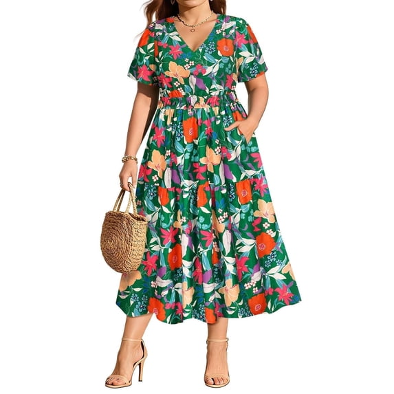 CASSIE LIZ Plus Size Womens Dresses 2X V Neck Floral Print Short Sleeve Green Maxi Dress Summer Spring Derss with Pocket Party Wedding Guest Dress 2XL 18W 20W