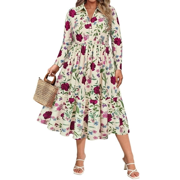 CASSIE LIZ Plus Size Womens Dresses 2X V Neck Floral Print White Maxi Dress with Elastic Waist Curvy Silhouette with Pockets Long Sleeve Romantic Boho With Buttons Dress 2XL 18W 20W