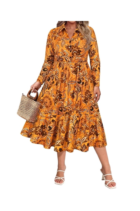 Plus Size Womens Dresses 2X V Neck Floral Print Yellow Maxi Dress with Elastic Waist Curvy Silhouette with Pockets Long Sleeve Romantic Boho With Buttons Dress 2XL 18W 20W