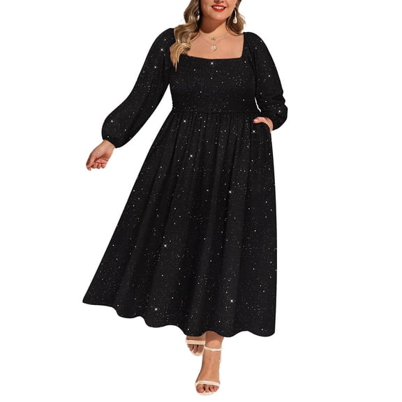 CASSIE LIZ Plus Size Womens Dresses 3X Long Bubble Sleeve Square Neck Black Sequin Glitter Print Flowing Maxi Dresses Holiday Wedding Date Guest 3XL 22W 24W