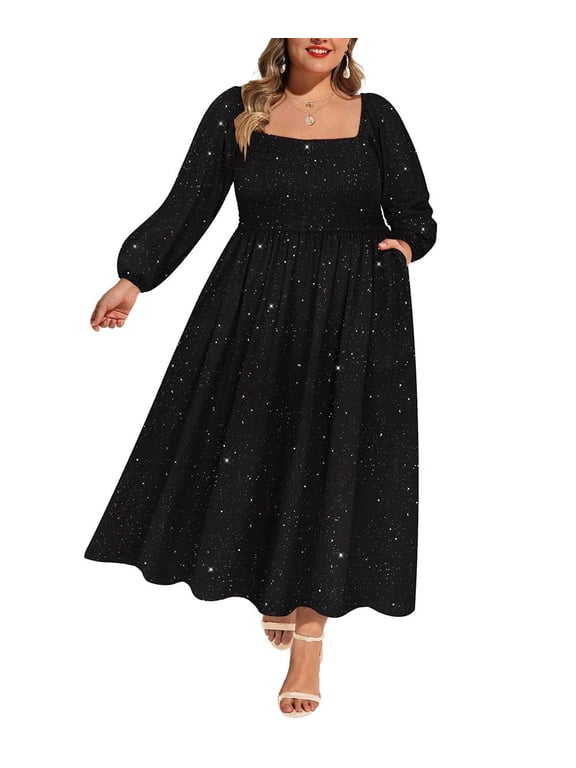 Plus Size Womens Dresses 3X Long Bubble Sleeve Square Neck Black Sequin Glitter Print Flowing Maxi Dresses Holiday Wedding Date Guest 3XL 22W 24W