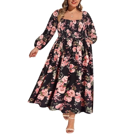 CASSIE LIZ Plus Size Womens Dresses 2X Long Sleeve Boho Square Neck Bubble Sleeve Pink Flowing Maxi Dresses Holiday Wedding Date Guest 2XL 18W 20W