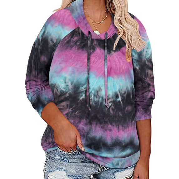 CASSIE LIZ Plus Size Womens Hoodies Long Sleeve Tie Dye Oversized Sweatshirts Casual Loose Blue-Purple Hoodies Drawstring Pullover Fall and Winter Tops 3XL 22W 24W