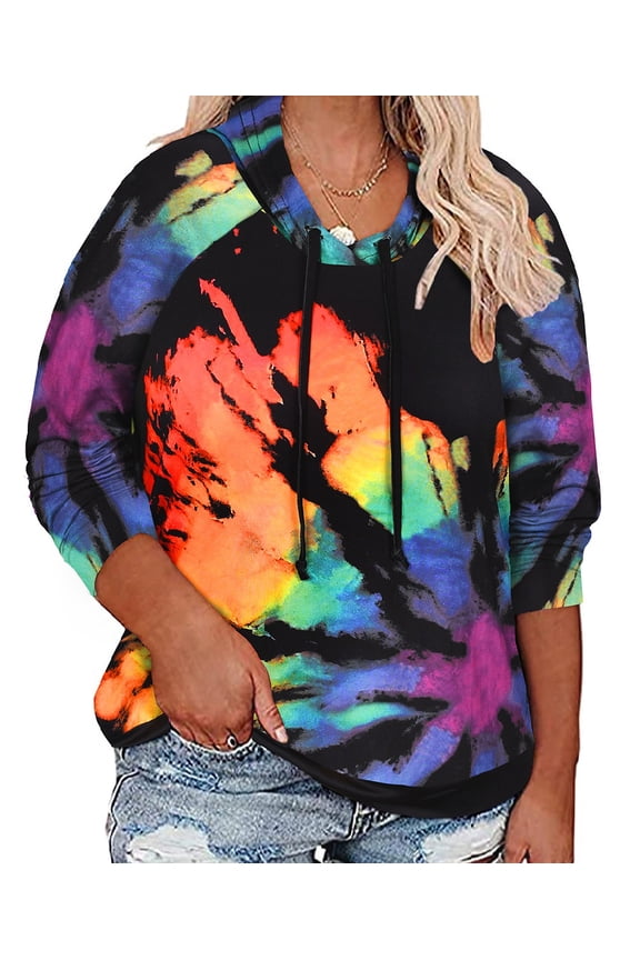 Plus Size Womens Fall Hoodies 3X Long Sleeve Tie Dye Oversized Sweatshirts Casual Loose Rainbow Hoodies Drawstring Pullover Winter Tops 3XL 22W 24W