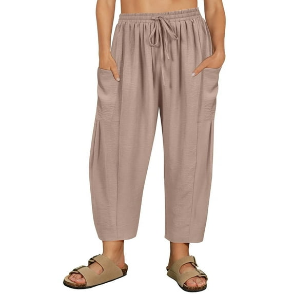 CASSIE LIZ Plus Size Womens Pants 4X Khaki Summer Wide Leg Knit Palazzo Pants Lounge Ladies Casual Drawstring Harem Fall Pants with Pocket 4XL 24W 26W