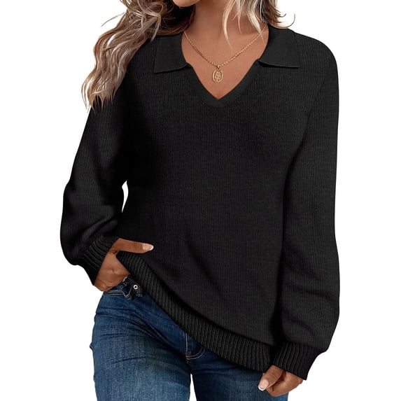 CASSIE LIZ Plus Size Womens Sweaters 4X Long Sleeve Sweatshirts Fall V Neck Black Tops Fashion Knit Collar Shirts Loose Fit Lapel Pullovers Winter Casual Dressy 4XL 24W 26W