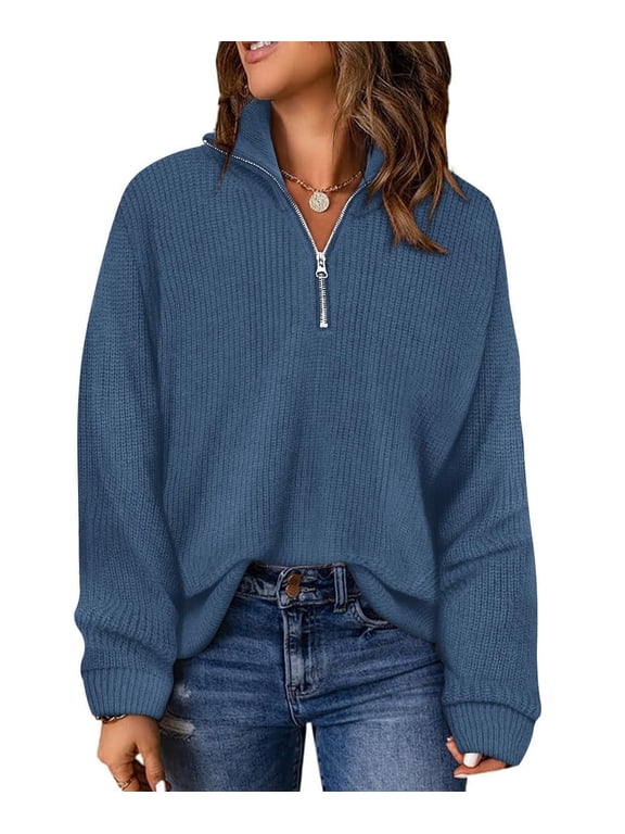 Womens Plus Size Sweaters 4X Quarter Zip Pullover Fall Fashion Blue Oversized Winter Dressy 4XL 24W 26W
