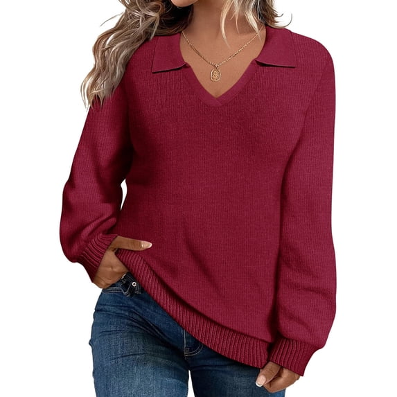 CASSIE LIZ Plus Size Womens Sweaters 4X Long Sleeve Sweatshirts Fall V Neck Red Tops Fashion Knit Collar Shirts Loose Fit Lapel Pullovers Winter Casual Dressy 4XL 24W 26W