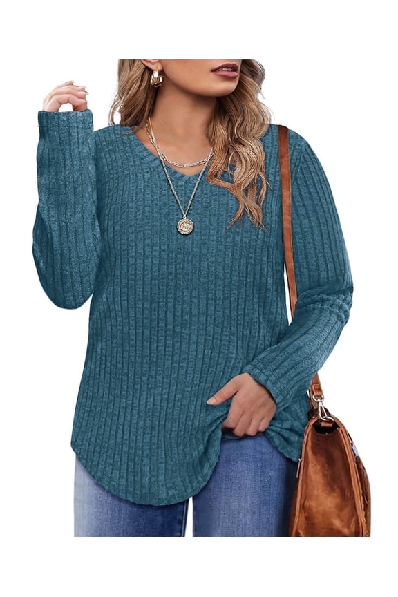 Womens Plus Size Fall Tops 3X Long Sleeve Casual V Neck Lightweight Blue Sweatshirts Pullover Trendy Tunics Sweaters Winter 3XL 22W 24W