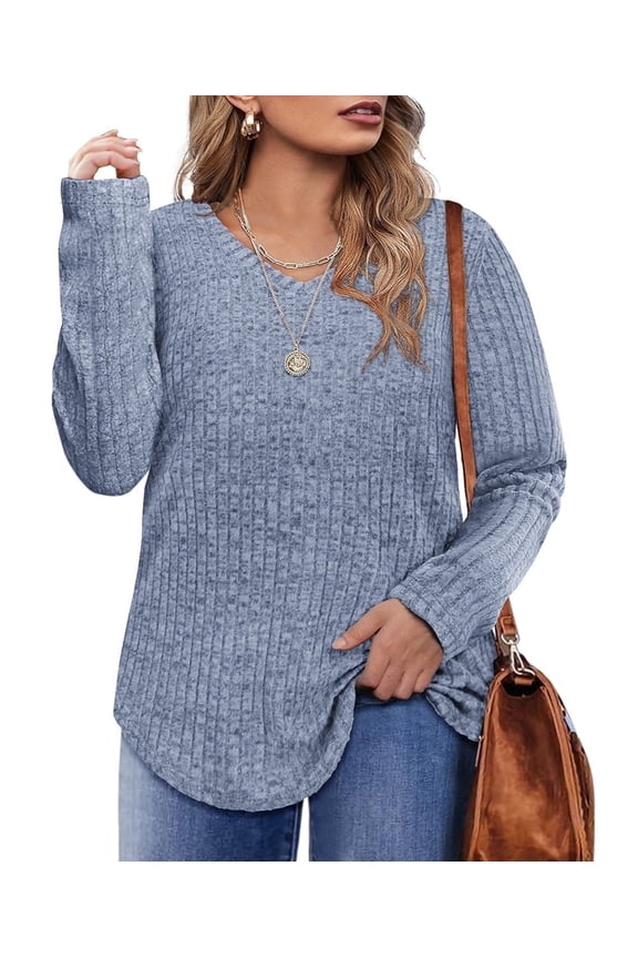 Fall Tops For Womens Plus Size 3X Long Sleeve Casual V-neck Lightweight Blue Sweatshirts Pullover Trendy Tunics Sweaters Winter 3XL 22W 24W
