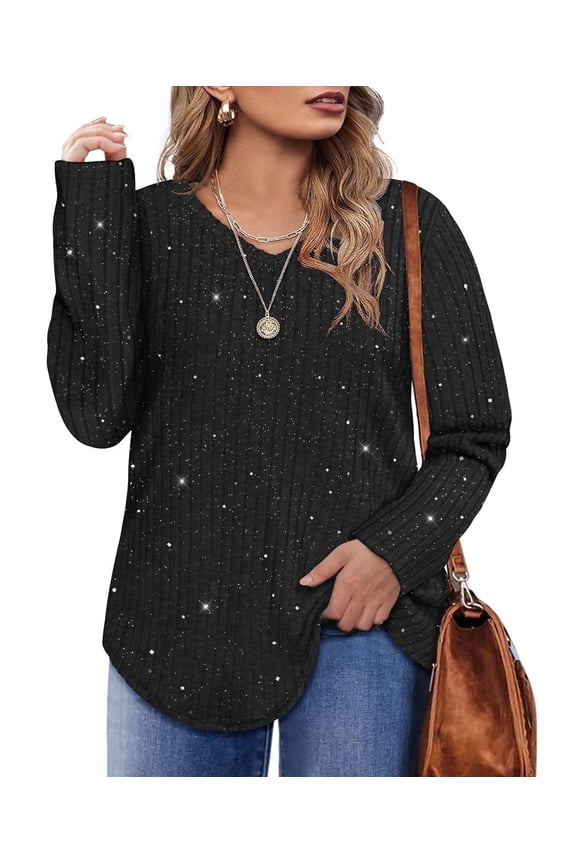 Plus Size Womens Tops 5X Sequin Black Striped V-neck Tops Fall and Winter Pullover Tunics Sweaters 5XL 26W 28W