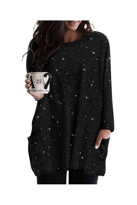 Plus Size Womens Tops 5X Long Sleeve Shirts Fall Crew Neck Black Glitter Tunics Fashion Loose Fit Tee Winter Blouses Casual Sequin Party Oversized Pullovers with Pocket 5XL 26W 28W