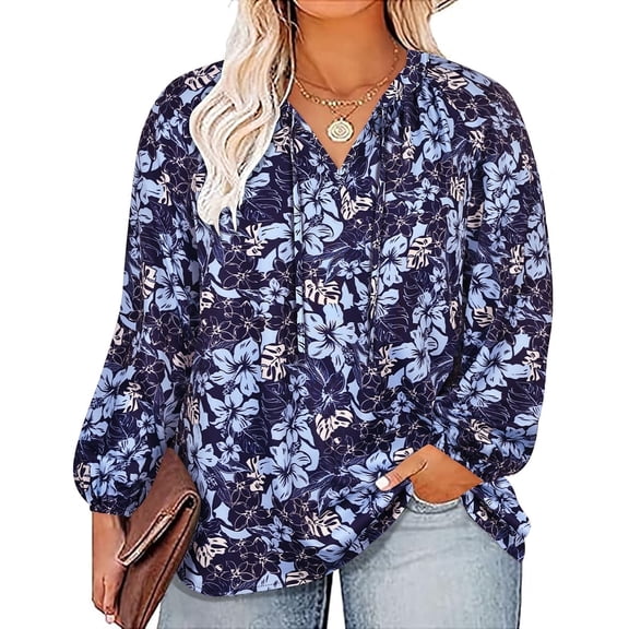 CASSIE LIZ Plus Size Womens Tops Deep Blue Long Sleeve Boho Blouses V Neck Chiffon Shirts Elegant Business Fall Shirts with Drawstring Neckline XL 14W 16W