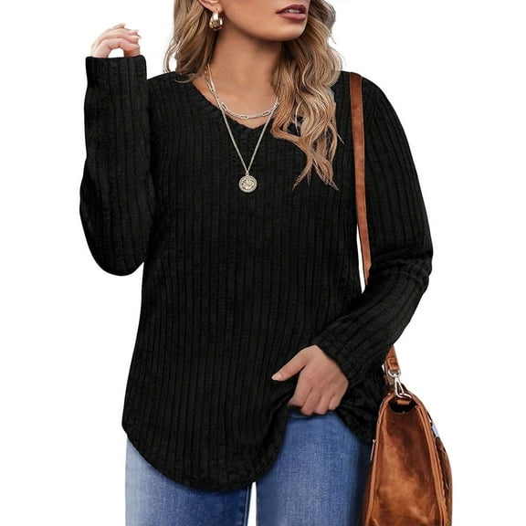 CASSIE LIZ Plus Size Womens Tops Pullover Tunics Sweaters Striped Classic V-neck Sweaters Fall and Winter Lightweight Long Sleeve Sweatshirts (XL-5XL)