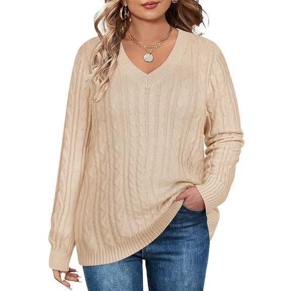 CASSIE LIZ Fall Sweaters For Womens Plus Size 4X Knitted Oversized V Neck Apricot Pullover Tops Trendy Fall Winter Outfits Soft and Warm 4XL 24W 26W