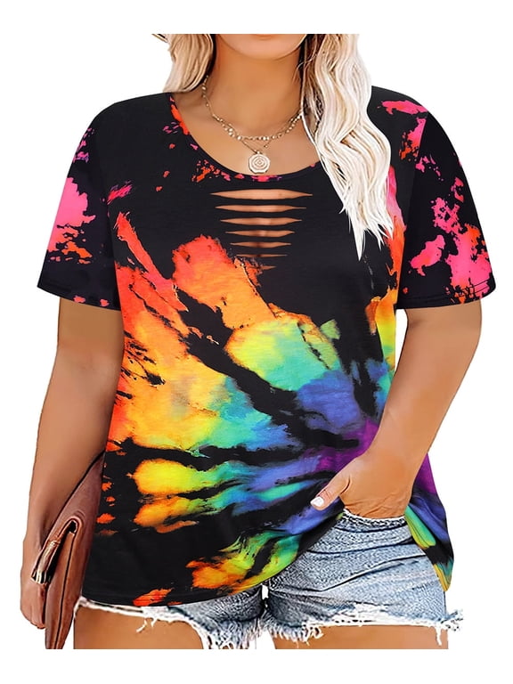 Womens Tie Dye Tops Plus Size 5X Summer Shirts Crew Neck Ripped Cutout Fashion Short Sleeve Tee Loose Fit Tunics Spring Blouses Casual Tunic Tops 5XL 26W 28W