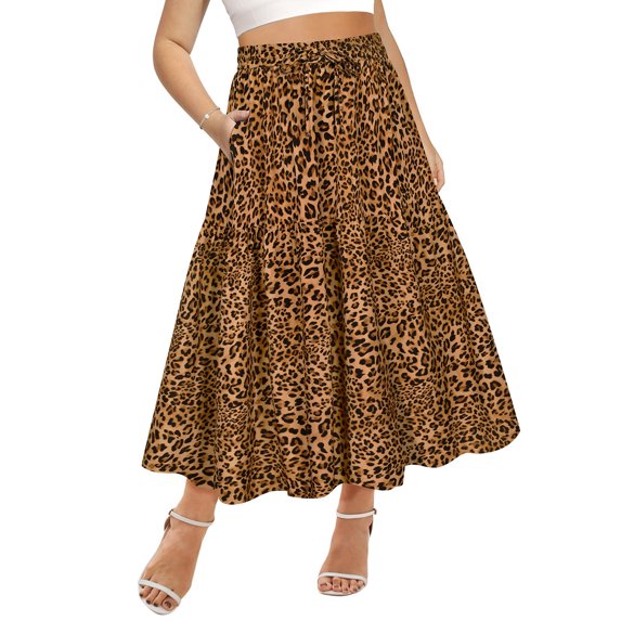 CASSIE LIZ Skirt for Women 2X Maxi Long Plus Size Pleated Boho Summer Skirts Leopard Flowy Tiered Elastic High Waist Drawstring Skirts with Pockets 2XL 18W 20W
