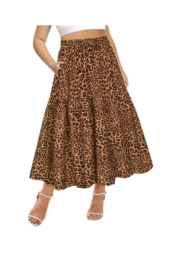 Skirt for Women 2X Maxi Long Plus Size Pleated Boho Summer Skirts Leopard Flowy Tiered Elastic High Waist Drawstring Skirts with Pockets 2XL 18W 20W