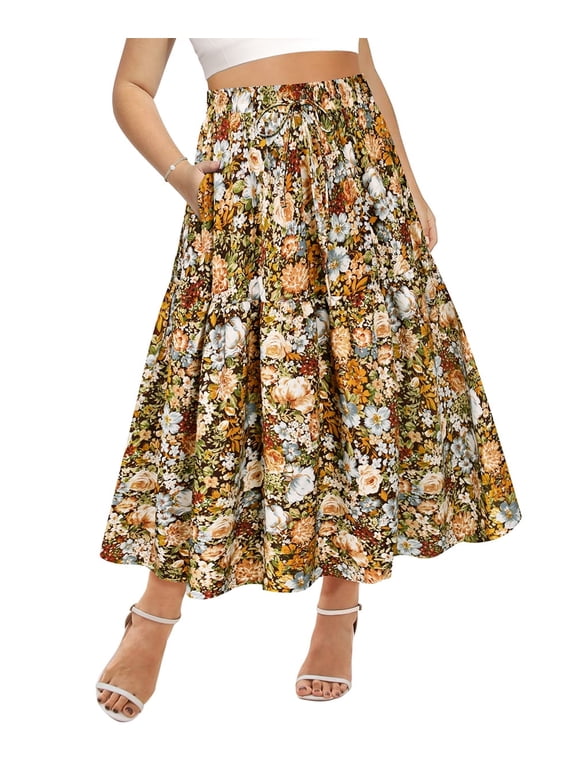 Skirt for Women 2X Maxi Long Plus Size Pleated Boho Summer Skirts Yellow Floral Flowy Tiered Elastic High Waist Drawstring Skirts with Pockets 2XL 18W 20W