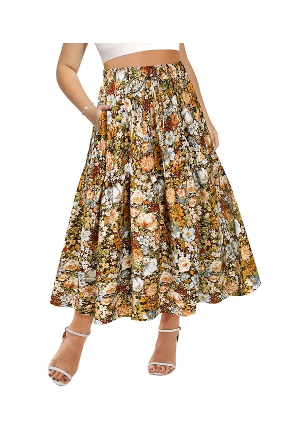 Skirt for Women 2X Maxi Long Plus Size Pleated Boho Summer Skirts Yellow Floral Flowy Tiered Elastic High Waist Drawstring Skirts with Pockets 2XL 18W 20W