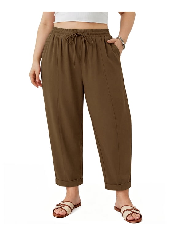 Summer Plus Size Curvy Women Wide Leg Palazzo Pants Beach Lounge Vacation Trousers with Pockets 2XL 18W 20W