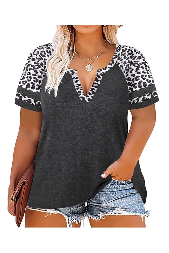 Plus Size Womens Tops 3X Leopard Print Raglan Short Sleeve V Neck T Shirts Casual Color Block Tunic Blouses 3XL 22W 24W