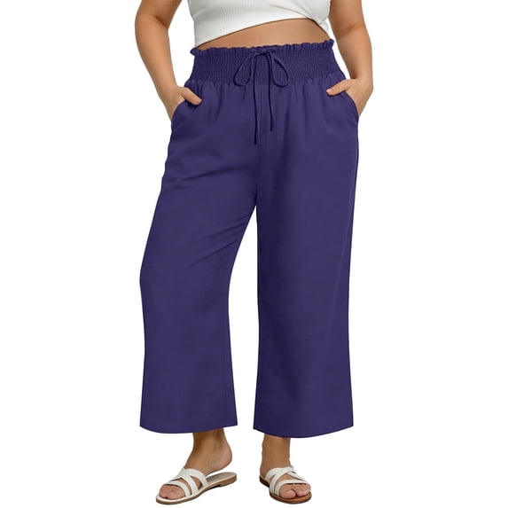 CASSIE LIZ Women Pants Plus Size 4X Blue Wide Leg Palazzo Pants Loose Fit Trousers with Pockets Summer Beach Vacation Lounge Pants 4XL 24W 26W