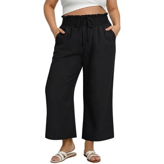 CASSIE LIZ Women Plus Size Pants 3X Black Wide Leg Pants Smocked High Waist Loose Casual Palazzo Trousers with Pockets Beach Vacation Daily Wear 3XL 22W 24W