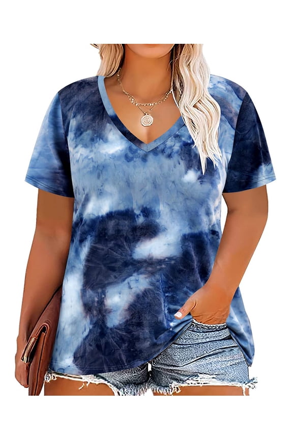 Women Tops Plus Size 2X Blue Tie Dye V Neck Summer Short Sleeve Loose Fit Casual Tee Spring Fashion Blouse Tops for Vacation Beach Daily Wear Weekend Outings 2XL 18W 20W