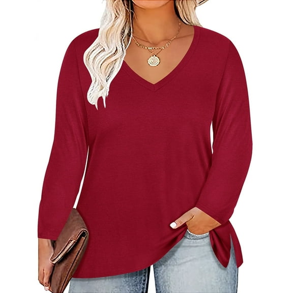 CASSIE LIZ Womens Plus Size Tops 2X Long Sleeve Shirts Fall V Neck Basic Wine Red Sweatshirts Fashion Tee Loose Fit Tunics Winter Blouses Casual Slit Hem Pullovers 2XL 18W 20W