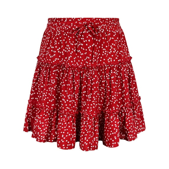 CASSIE LIZ Women's Plus Size 3X Flutter Trim Skirts Summer Wine Red Small Heart Pattern Mini Skirts Drawstring Stretchy Skirt 3XL 22W 24W