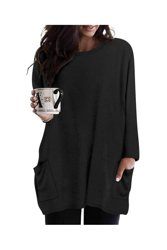 Plus Size Tops 3X Long Sleeve Womens Shirts Fall Crew Neck Black Sweatshirts Fashion Tee Loose Fit Tunics Winter Blouses Casual Oversized Pullovers with Pocket 3XL 22W 24W