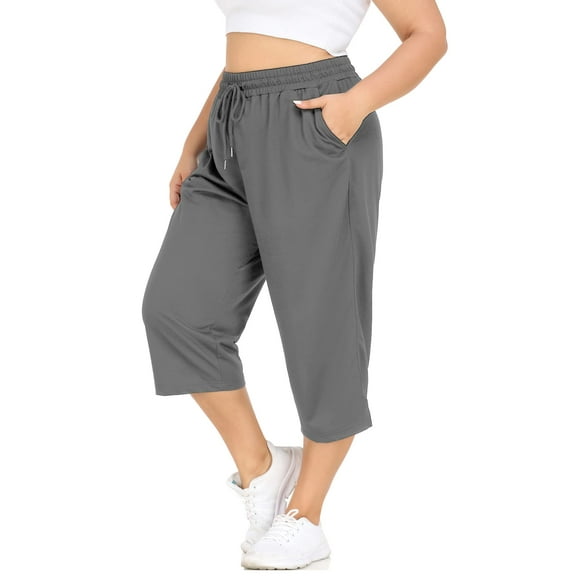CASSIE LIZ Womens Plus Size Capris 4X Gray Knit Yoga Capri Pants Summer Casual Elastic Waist Lounge Capris Drawstring Workout Activewear Pants Loose Fit Sweatpants with Pocket 4XL 24W 26W