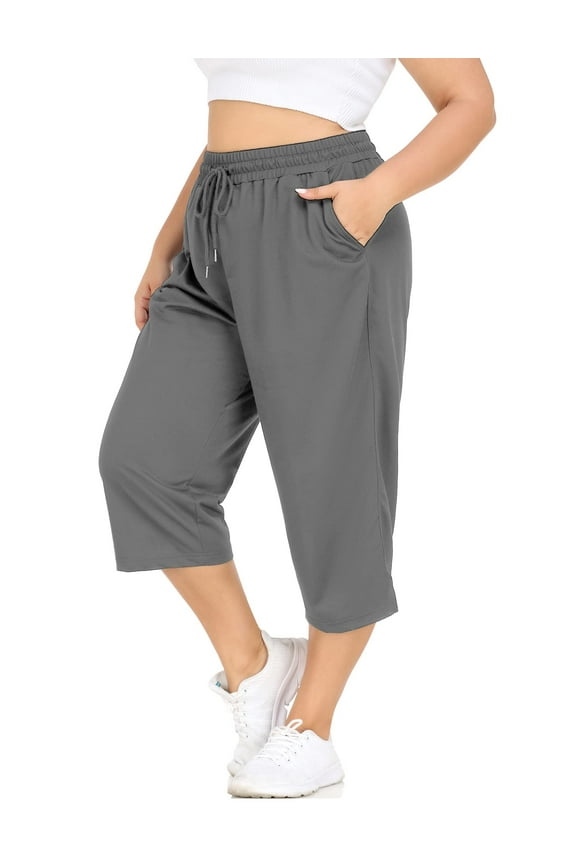 Womens Plus Size Capris 4X Gray Knit Yoga Capri Pants Summer Casual Elastic Waist Lounge Capris Drawstring Workout Activewear Pants Loose Fit Sweatpants with Pocket 4XL 24W 26W