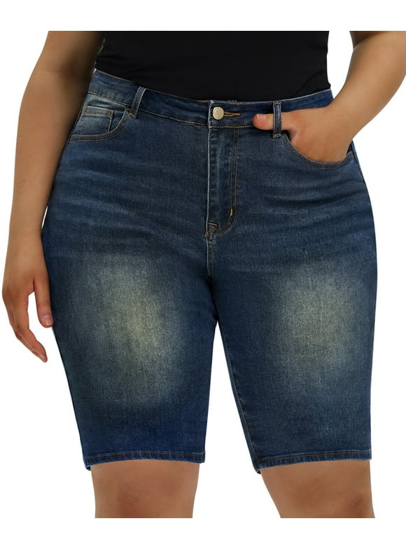 CASSIE LIZ Women's Plus Size Dark Blue Cut Off Shorts Jeans 3X Elastic Waist Shorts Pocket Casual Pants Summer Shorts Pants 3XL 22W