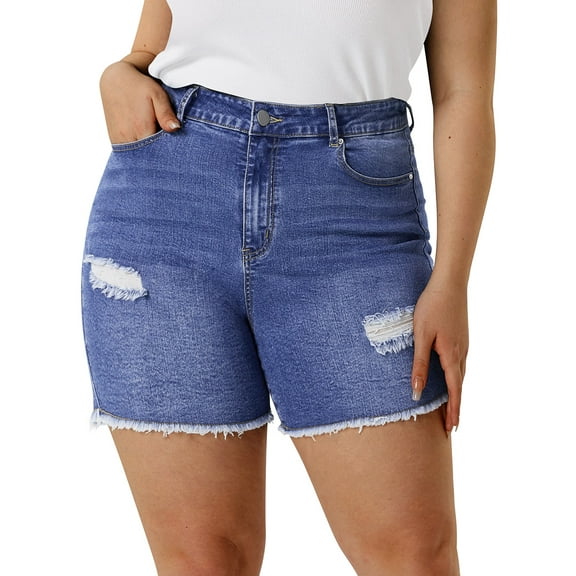 CASSIE LIZ Women's Plus Size Destructed Shortie Shorts Jeans 3X Blue Elastic Waist Frayed Hem Shorts Pocket Casual Pants Summer Washed Ripped Shorts Pants 3XL 24W