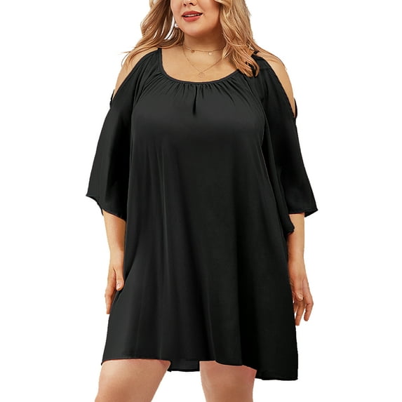 CASSIE LIZ Women's Plus Size Dress 3X Black Crew Neck Split Sleeves Dress Solid Off Shoulder Kimono Dress Casual Loose Fits Dress For Summer 3XL 22W 24W