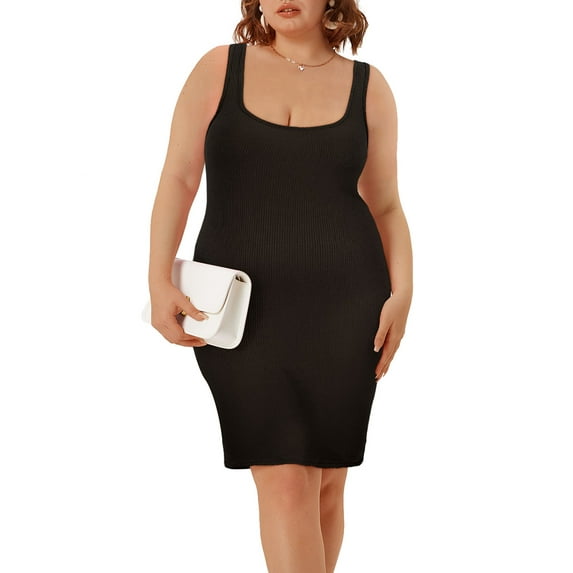CASSIE LIZ Women's Plus Size Dress 3X Black Square Neck Dress Plain Sleeveless Bodycon Dress Casual Fits Tank Dress For Summer 3XL 22W 24W