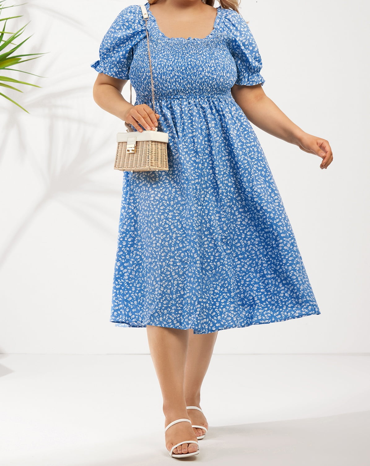 CASSIE LIZ Women's Plus Size Dress 3X Blue Square Neck Dress Floral Flutter  Trim Sleeves Tunic Dress Lantern Sleeves Casual Loose Fits Dress For Summer  3XL 22W 24W - Walmart.com