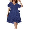 thumbnail image 1 of CASSIE LIZ Women's Plus Size Dress 3X Blue V Neck Dress Polka Dot Flutter Trim Hem Tunic Belt Dress Casual Loose Fits Dress For Summer 3XL 22W 24W, 1 of 3