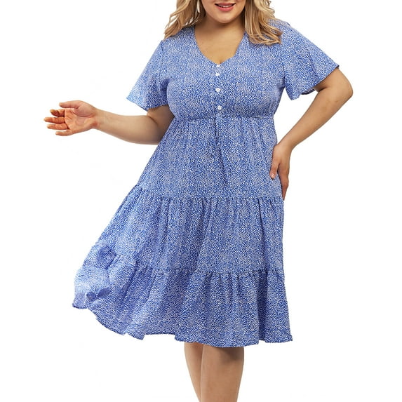 CASSIE LIZ Women's Plus Size Dress 3X Blue V Neck Flutter Sleeves Dress Polka Dot Flutter Trim Hem Tunic Dress Button Detail Casual Loose Fits Dress For Summer 3XL 22W 24W