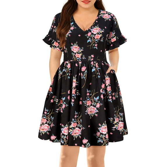 CASSIE LIZ Women's Plus Size Dress 3X Floral V Neck Pocket Dress Flutter Trim Sleeves Tunic Dress Casual Loose Fits Dress For Summer 3XL 22W 24W
