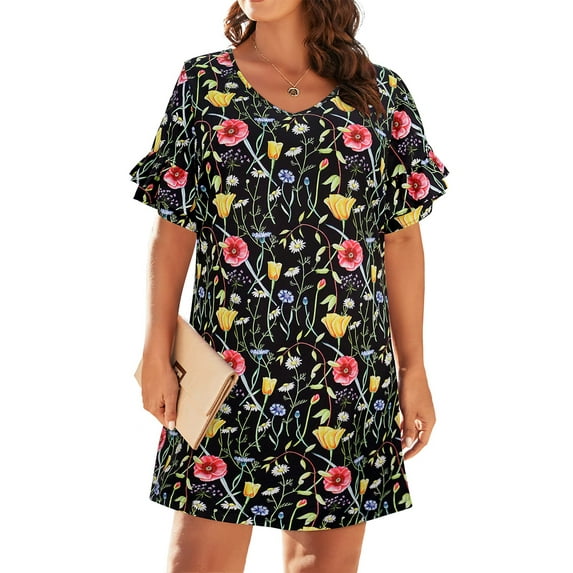 CASSIE LIZ Women's Plus Size Dress 3X Flowers Print V Neck Pocket Dress Flutter Trim Sleeves Dress Casual Loose Fits Dress For Summer 3XL 22W 24W