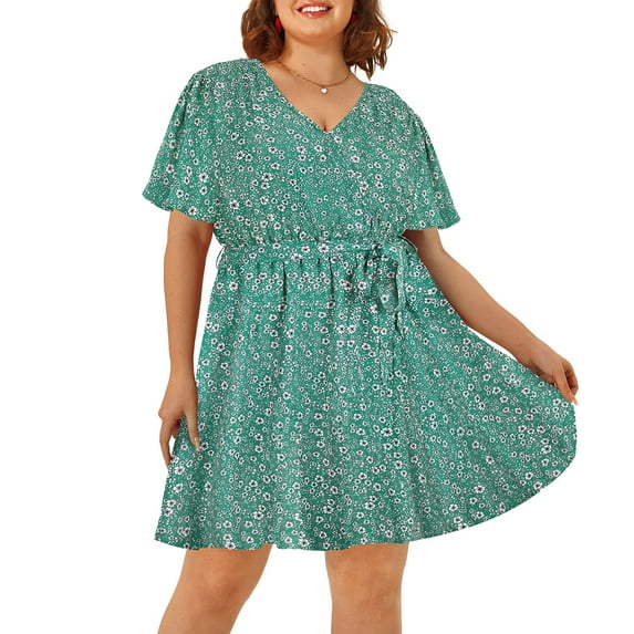CASSIE LIZ Women's Plus Size Dress 3X Green V Neck Belt Tunic Dress Floral Short Sleeves Casual Loose Fits Dress For Summer 3XL 22W 24W