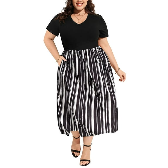 CASSIE LIZ Women's Plus Size Dress 4X Pocket V Neck Long Patchwork Dress Casual Black White Striped Short Sleeve Sundress Loose Fit Spring Summer Dress with Pocket 4XL 24W 26W