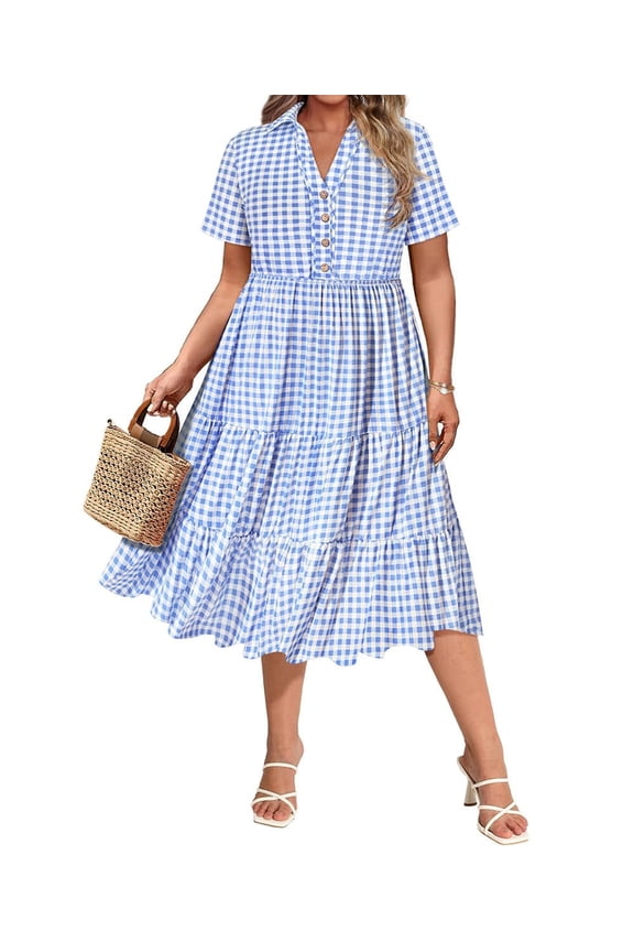 Plus Size Dresses 4X Summer Midi Womens Boho Shirt Dresses Plaid Blue Short Sleeve Collared V Neck Loose Fit Easter Sun Dresses with Pocket 4XL 24W 26W