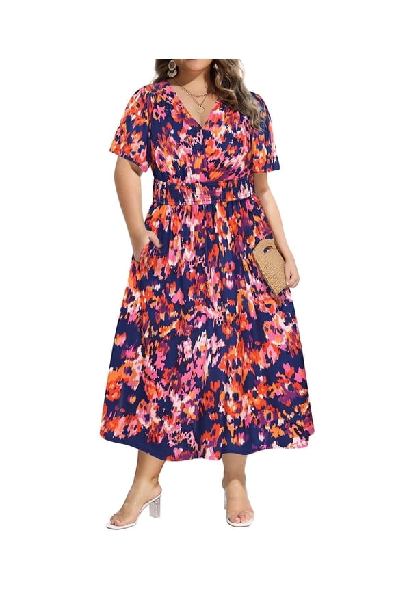 Dresses for Women Plus Size 2X Blue Orange Floral Fall Dresses Fashion Midi Sundresses Short Sleeve V Neck Dresses Loose Fit Summer Dress With Pocket 2XL 18W 20W